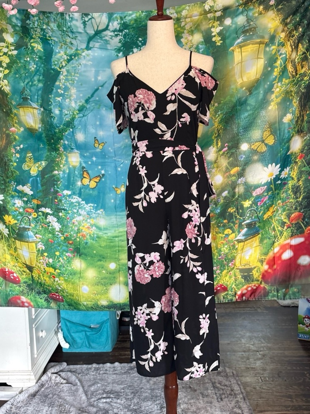 Sienna Sky Black Floral Cold-Shoulder Jumpsuit with Pink Blossoms